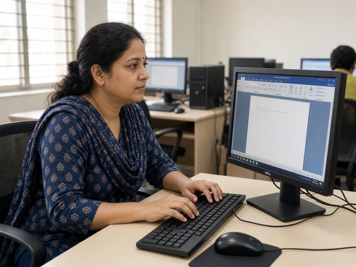 Woman learning computer basics at a desktop in a classroom