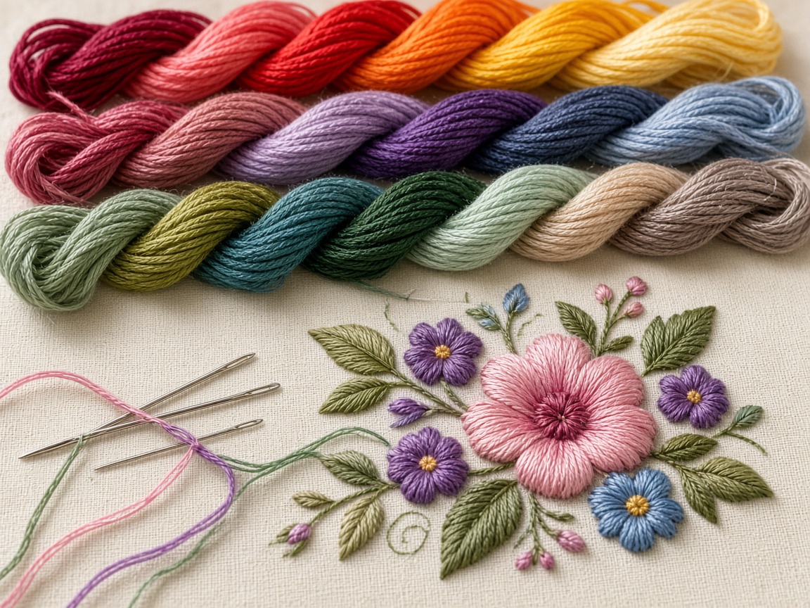 Threads, needles, and motifs ready for practice