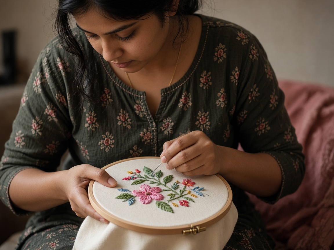 Woman embroidering floral stitches on a hoop