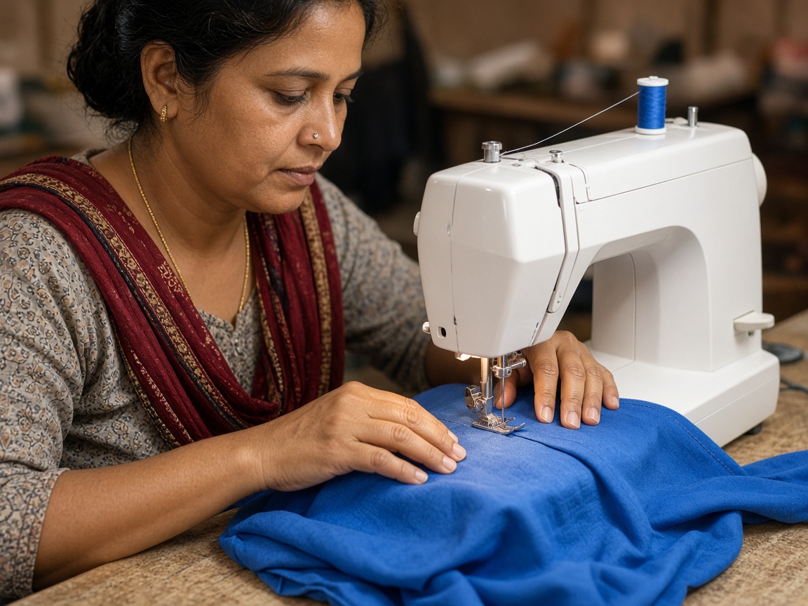 Woman stitching fabric on a sewing machine in a workshop