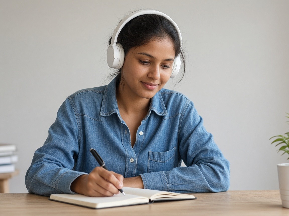 A woman with a headset, speaking