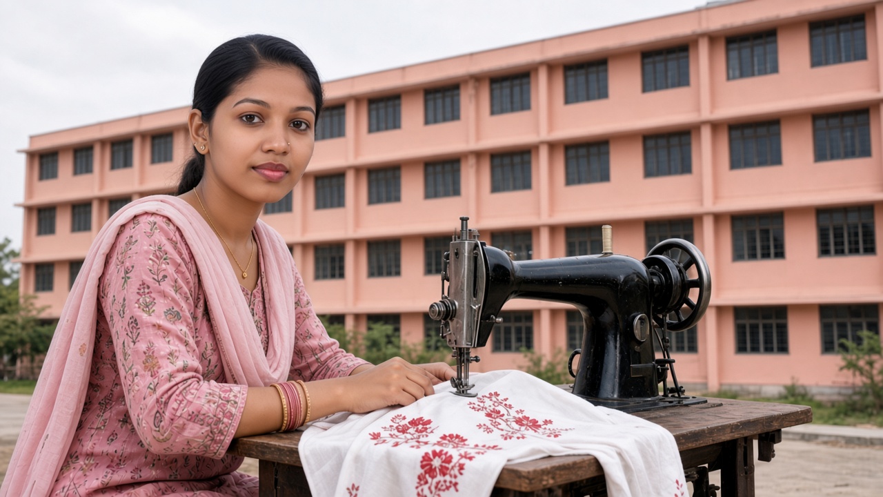 A woman stitching at a sewing machine, with the building behind her